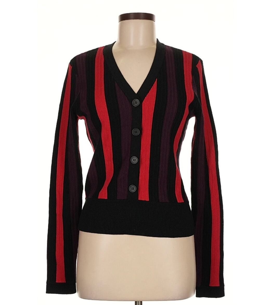 CAbi Purple, Red, Black Striped Button Up Cardigan - Medium